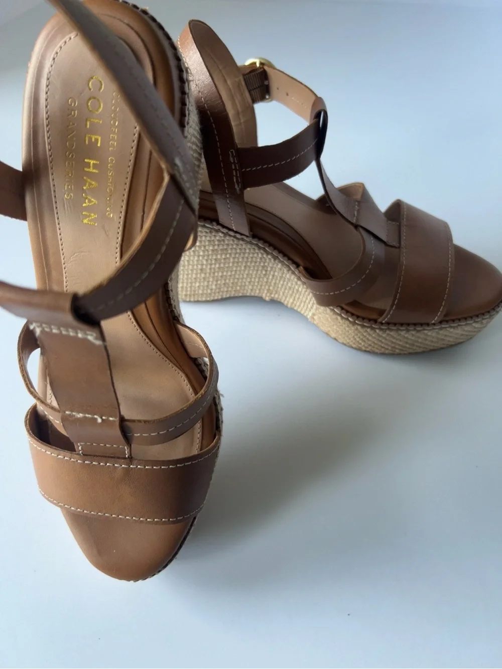 Cole Haan GrandPrø Cloudfeel Brown Leather Espadrille Wedge Sandals Women’s Sz 8